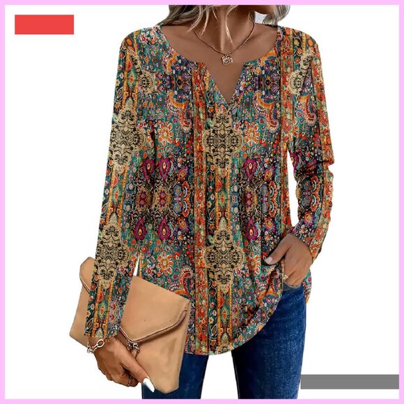 Long Sleeve V-Neck Pleated Tunic Blouse Loose Fit Fall Fashion - Picture 3 of 4